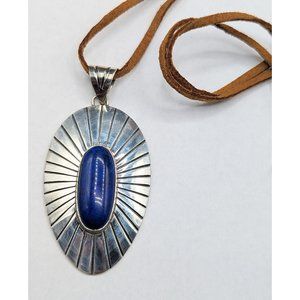 Ragul Cano Sterling Silver Blue Lapis Large Pendant Brown Suede Cord Necklace